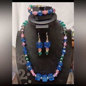 Artisan Blue, Pink, and Green crystal Beaded Necklace Set